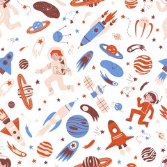 seamless pattern. Space element and objects on white background.
