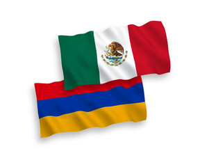 National vector fabric wave flags of Mexico and Armenia isolated on white background. 1 to 2 proportion.