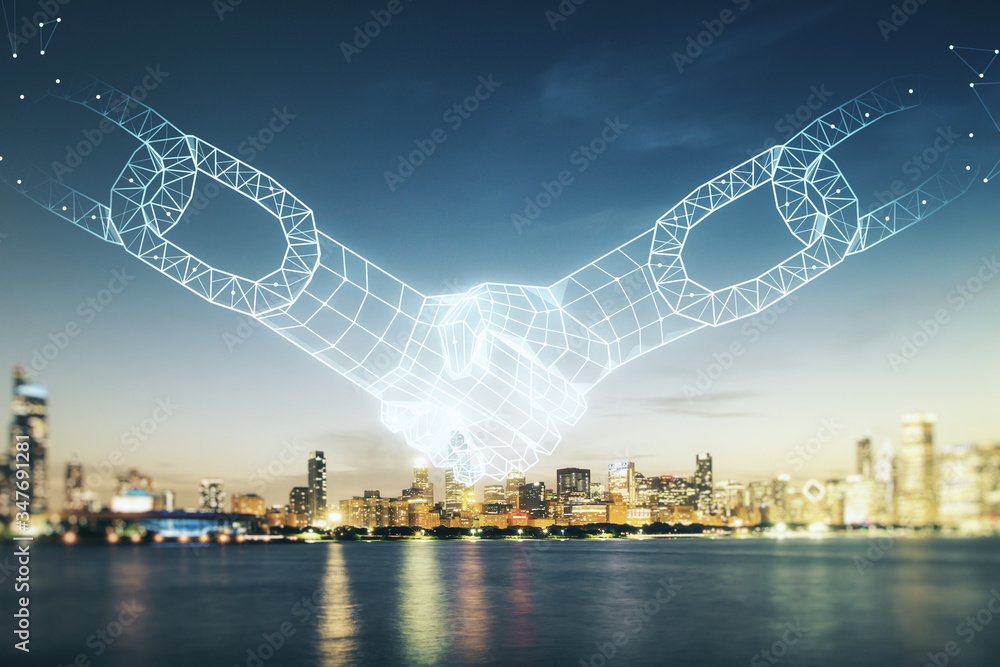 Poster double exposure of abstract virtual blockchain technology hologram with handshake on chicago city sk