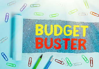 Word writing text Budget Buster. Business photo showcasing Carefree Spending Bargains Unnecessary...