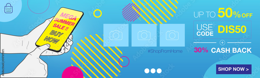 Aufkleber Vector discount banner mockup with hand touch on mobile and design layout background for display of  product advertising on online media