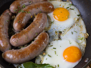 Homemade delicious sausages and fried eggs in a pan. Close-up