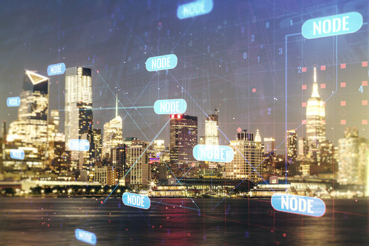 Abstract virtual coding concept on New York city skyline background. Multiexposure