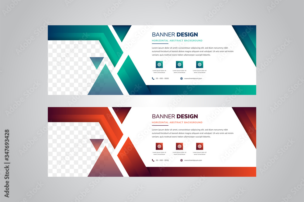 Poster abstract banner design web template set, horizontal header. modern geometric blue and brown gradient