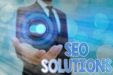 Text sign showing Seo Solutions. Business photo text Search Engine Result Page Increase Visitors by...