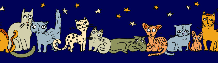 Decorative seamless border with cats. Night, starry sky. Cartoon style. Stock illustration.