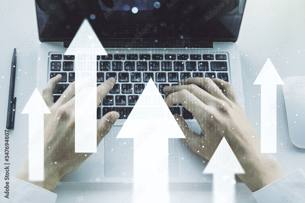 Poster creative abstract upward arrows hologram and hands typing on computer keyboard on background, leader