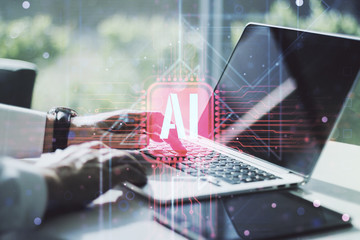 Creative artificial Intelligence symbol concept with hands typing on computer keyboard on background. Double exposure