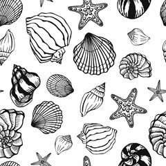 Seamless black-white pattern with seashells, corals and starfishes. Marine background.  Hand drawn vector illustration in sketch style. Perfect for greetings, invitations, coloring books, textile, wed