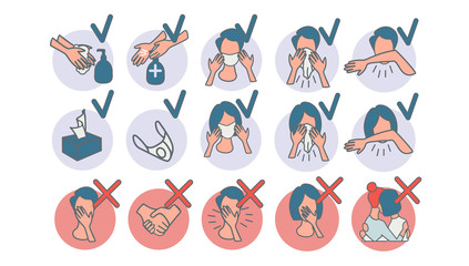 Obraz premium Prevention infographic man and woman icons.2019 nCoV virus protection tips covid-19. virus Warning. Set of vector illustrations in cartoon style.stock vector illustration isolated on white background.