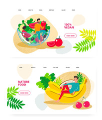 Vegan food, vegetarian salad, natural organic meal. Man sit on salad bowl. Banana, tomato. Concept illustration. Vector web site design template. Landing page website illustration