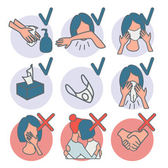 Prevention infographic woman icons.2019 nCoV virus protection tips covid-19. virus Warning. Set of vector illustrations in cartoon style.stock vector illustration isolated on white background.