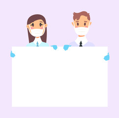Male and female character with board. Cartoon masked people in gloves. Isolated avatar. Flat illustration protected men and women face. Hand drawn vector drawing safe girl and boy portrait