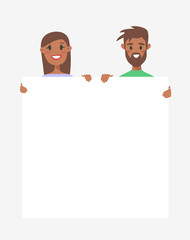 Fototapeta premium Male and female characters with board. Cartoon style people icons. Isolated guys avatars. Flat illustration men and women faces. Hand drawn vector drawing girls and boys portraits