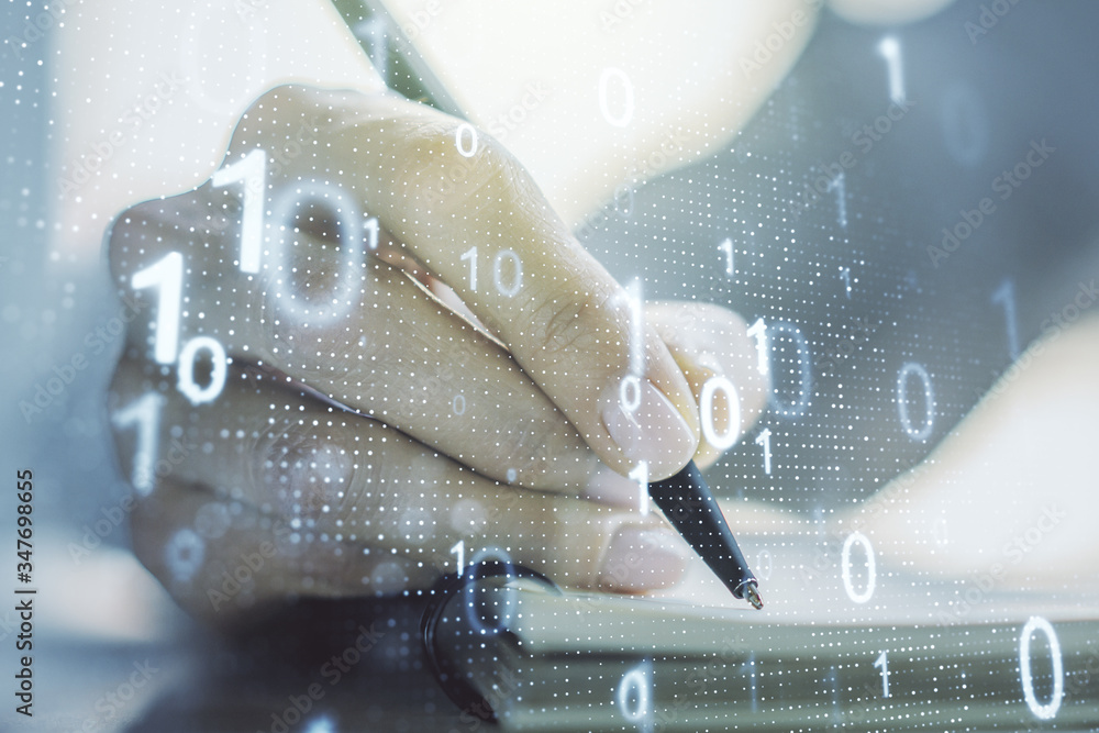 Leinwandbilder creative abstract binary code hologram and woman hand writing in diary on background, ai and machine