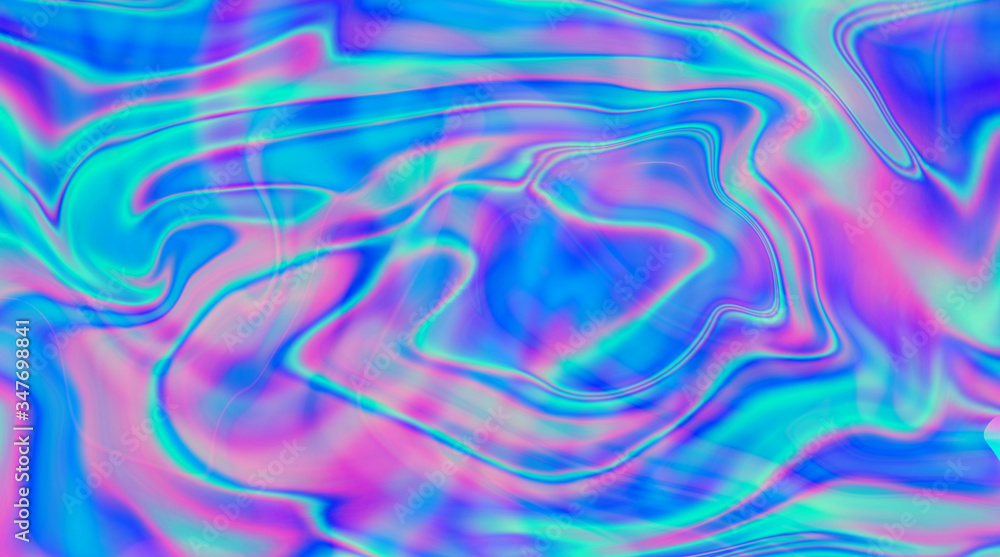 Poster Iridescent marbled holographic texture in vibrant neon and pastel colors. Trippy and distorted image with light diffraction effect in psychedelic 80s-90s vaporwave style.