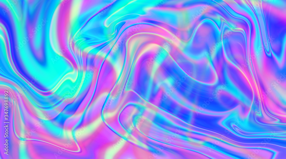 Poster Iridescent marbled holographic texture in vibrant neon and pastel colors. Trippy and distorted image with light diffraction effect in psychedelic 80s-90s vaporwave style.