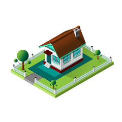 Town House in isometric view with trees and garden vector