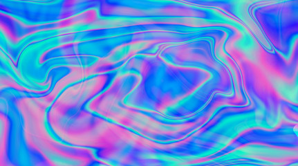Iridescent marbled holographic texture in vibrant neon and pastel colors. Trippy and distorted image with light diffraction effect in psychedelic 80s-90s vaporwave style.