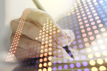 Creative abstract upward arrows hologram and woman hand writing in diary on background, leadership...