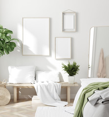 Scandinavian style white fresh bedroom interior with mockup frames on wall, 3d render