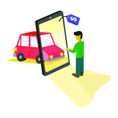 Fototapeta na wymiar Man choose car by smartphone online shop car. with flat character use for commercial illustration, and other