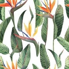 Foto auf Acrylglas Muster mit tropischen Blumen und Blättern des schönen Aquarells. Tropen. Realistische tropische Blätter. Tropische Blumen. © asanova_nastya_art