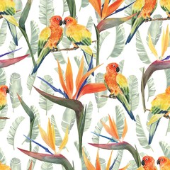 Pattern with beautiful watercolor tropical flowers and parrots. Tropics. Realistic birds. Tropical flowers. - 347700094