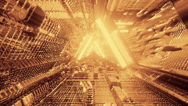 Computerized motion graphics of immersing into the golden path of enlightenment  VFX background, VJ loops, animation.