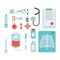 Set of medical tools and instruments icons flat vector illustration isolated.