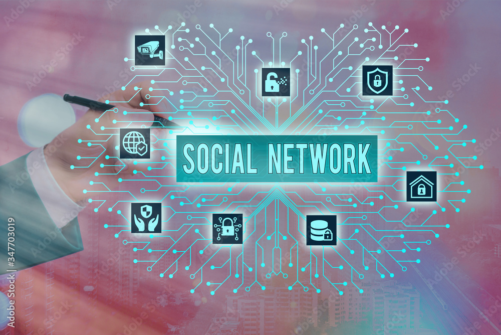 Aufkleber writing note showing social network. business concept for interactions sharing information interan i