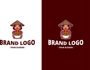 Vector Vietnam woman Cartoon Illustration logo. Unusual Logo template isolated on a brown background. a woman eating noodles. Restaurant logo.
