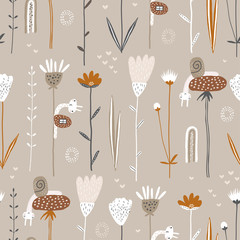 Cute seamless pattern with flowers and funny snails. Meadow with flowers. Creative childish texture for fabric, wrapping, textile, wallpaper, apparel. Vector illustration.