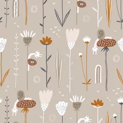 Behang Bloemenmotief Leuk naadloos patroon met bloemen en grappige slakken. Weide met bloemen. Creatieve kinderachtige textuur voor stof, verpakking, textiel, behang, kleding. Vector illustratie.