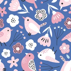 Möbelaufkleber Seamless pattern with hand drawn little bird and flowers. Creative for fabric, wrapping, textile, wallpaper, apparel. Vector illustration in pastel colors. © bukhavets