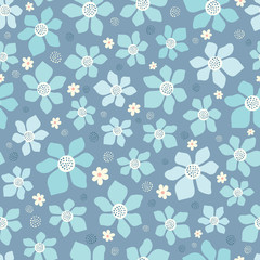 Floral pattern background. Vector seamless repeat of flowers in blue and cream.
