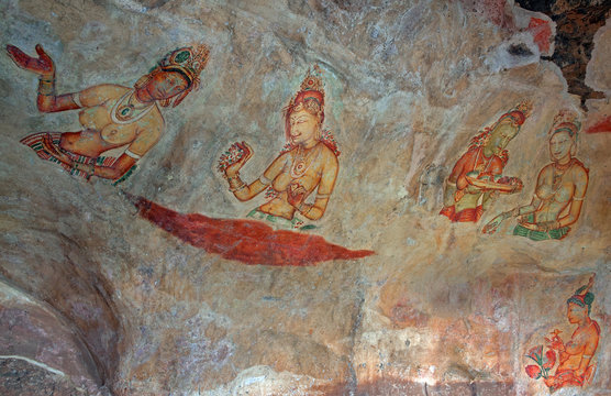 5th century frescoes at the ancient Buddhist rock cave in Sigiriya, Sri Lanka; UNESCO World Heritage Site