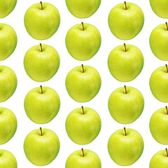 Pattern of green apples on a white background. Isolated fruits. Image for fabric, wallpaper and wrapping paper.