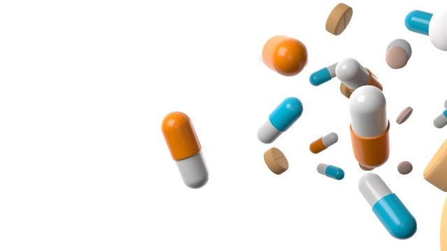Various medicine and pills on white background.
3D render animation.
