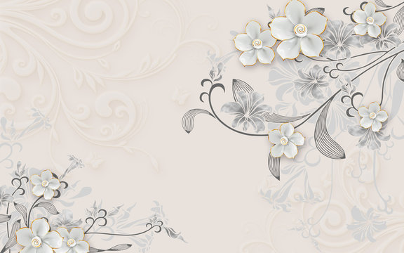 3d illustration, beige embossed background, gray ornamental lilies and white gilded ceramic rose buds © TimKats