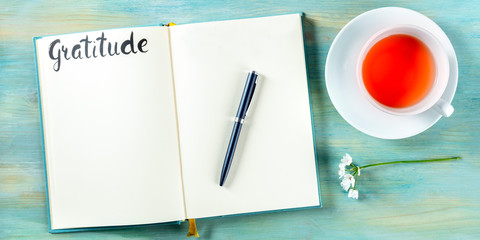 Gratitude journal panorama with a pen, a flower, and a cup of tea, shot from above, with the hand written word