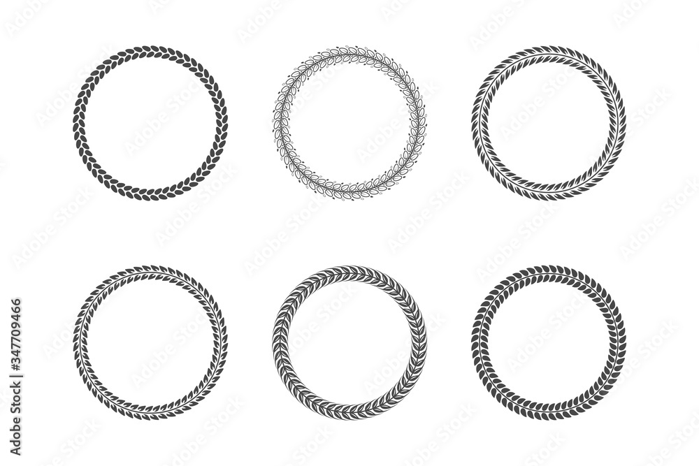 Poster set of round black and white frames from laurel branches with foliage. vector illustration