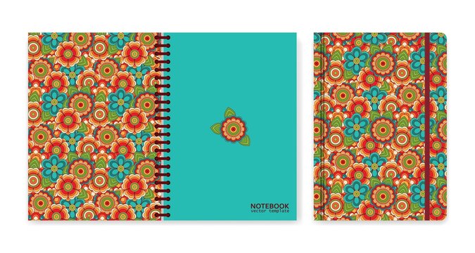 Cover design for notebooks or scrapbooks with vintage floral pattern. Psychedelic or hippie style backgrounds. Abstract flowers and groovy colors