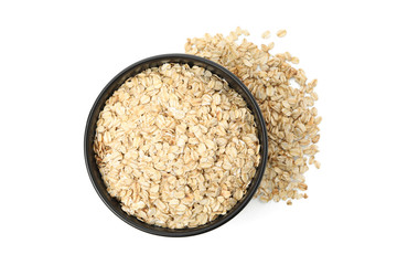Bowl with oatmeal flakes isolated on white background