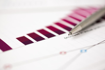 Financial statistics documents ball pen infographics at office table