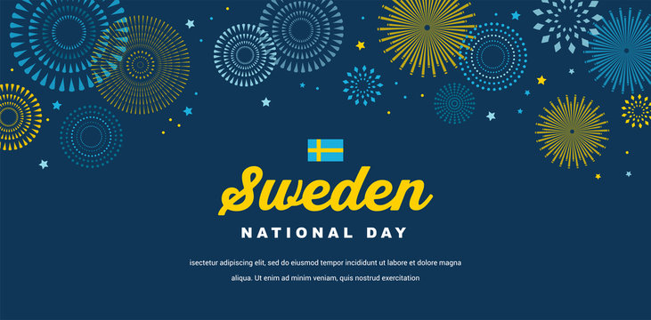 Celebrate banner of the national day of Sweden. Happy independence day banner. Celebration banner with fireworks in Swedish flag colors.
