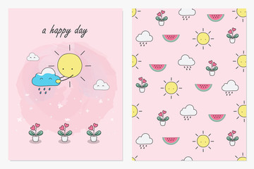 Set of cute hand drawn sunny day plant showering in summer with seamless pattern vector background .