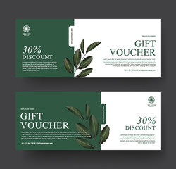 Gift Voucher Template Promotion Sale discount, Minimal green and leaf for Spa luxury hotel resort, Cosmetic texture plant leaf background, vector illustration - obrazy, fototapety, plakaty