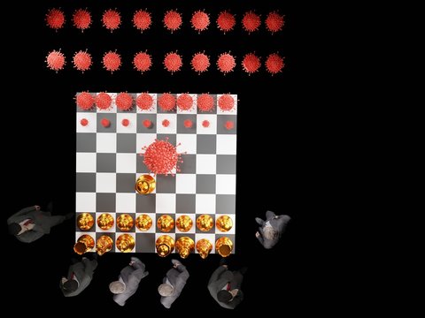3D rendering of Top view Young business men to make a business plan based on a chessboard during an outbreak of the Corona virus or covid-19, business concept, 3D illustration