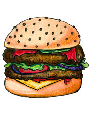 Hand drawn marker illustration of cheeseburger. Junk food, unhealthy eating concept. Realistic drawing of burger with meat, cheese slice and vegetables
